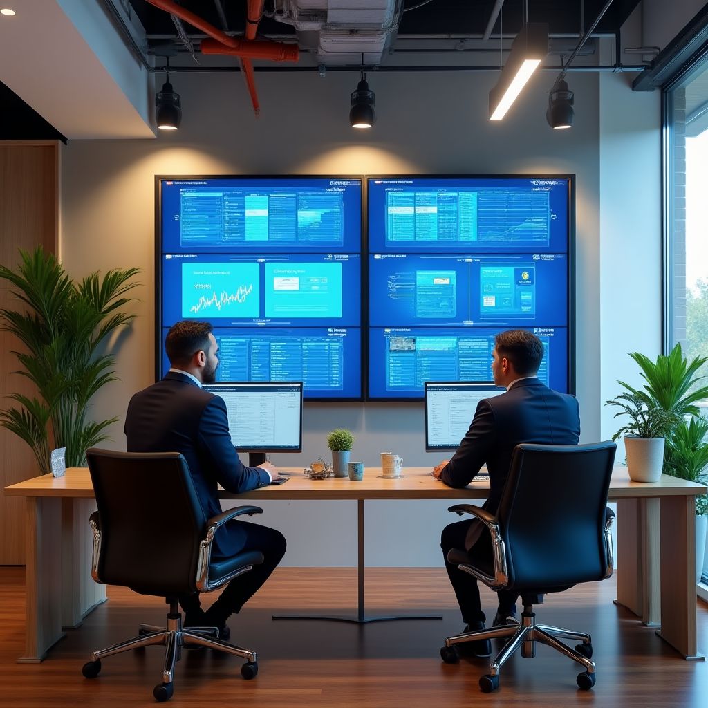 área de consultoría personalizada con escritorios modernos y tecnología financiera